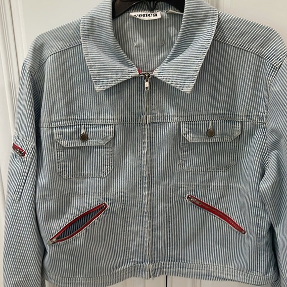 Vintage Venca striped pinstripes blue white red Jean denim jacket size xl - Picture 8 of 16